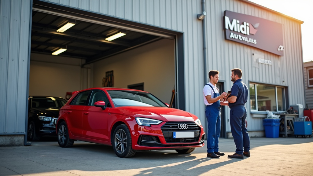 Atelier de réparation automobile avec mécaniciens au travail