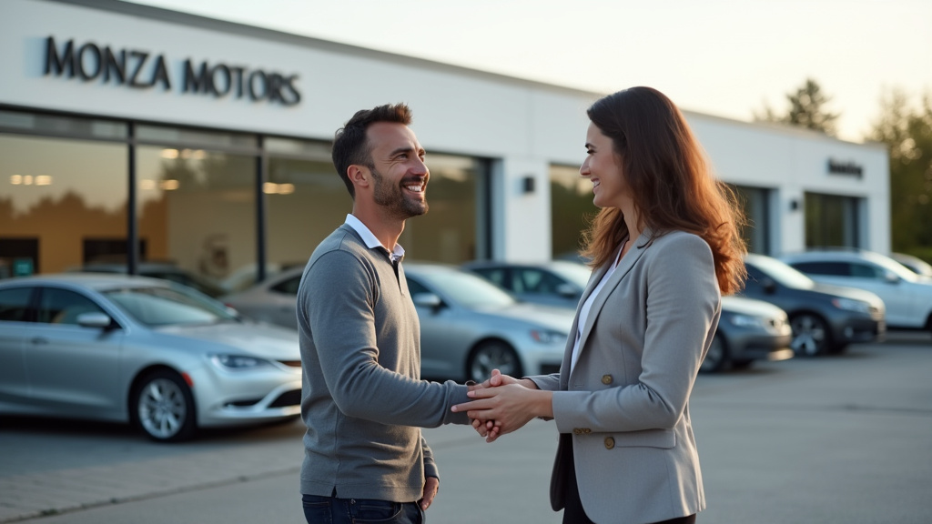Façade du garage Monza Motors à Geispolsheim avec véhicules d'occasion exposés