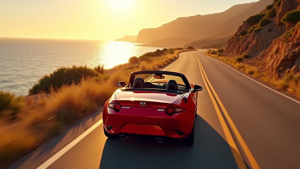 Mazda MX-5 ND rouge avec capote ouverte vue de trois quarts avant