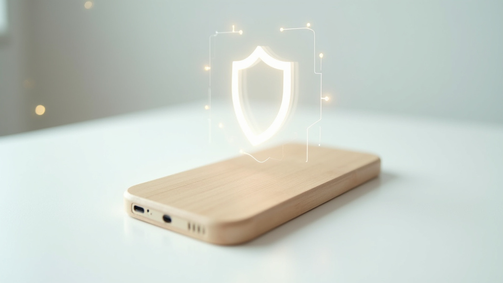 Illustration d'une main tenant un smartphone avec une interface transparente montrant des données d'assurance
